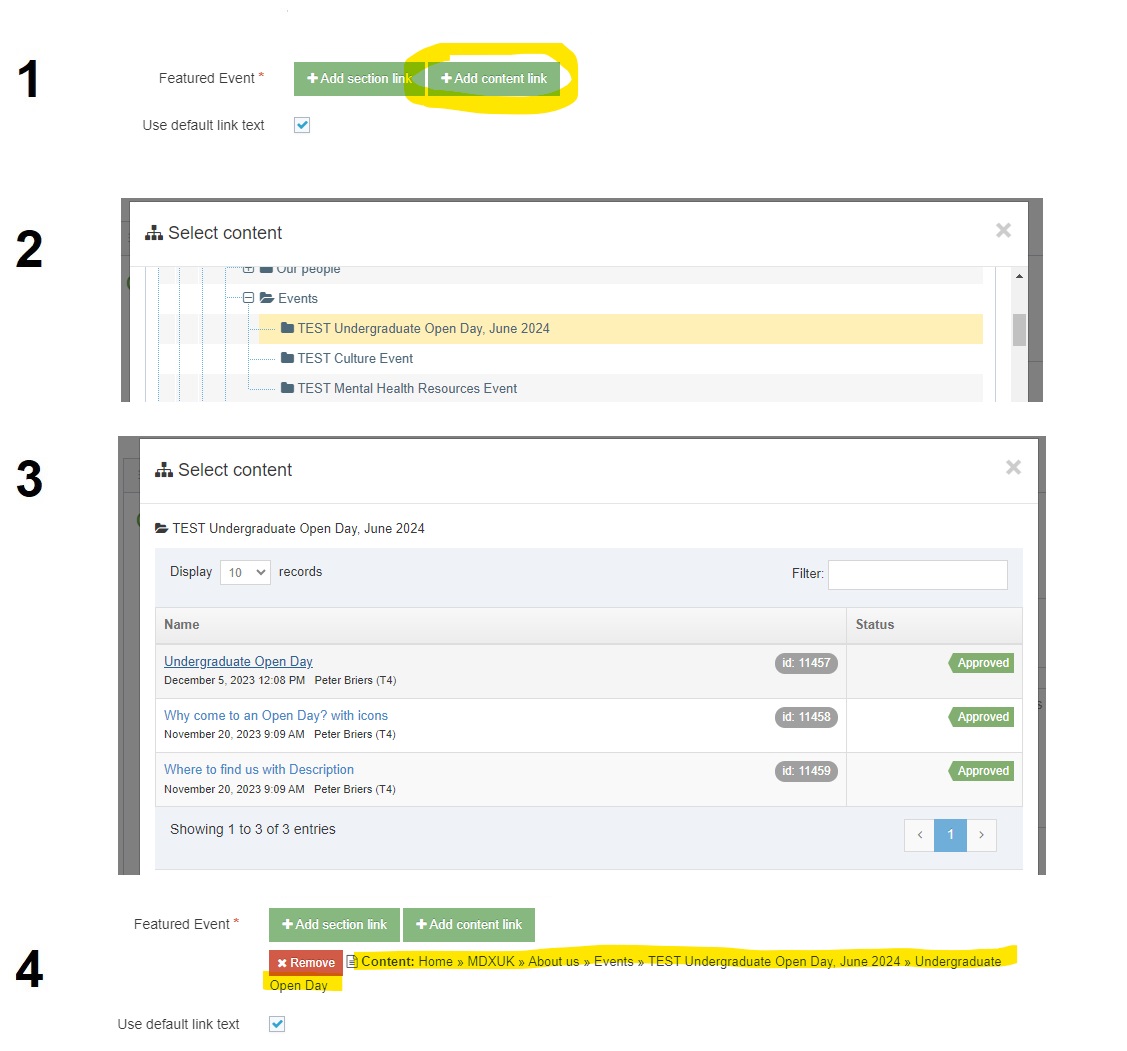 Screenshot showing steps to select an Event content item in Terminalfour