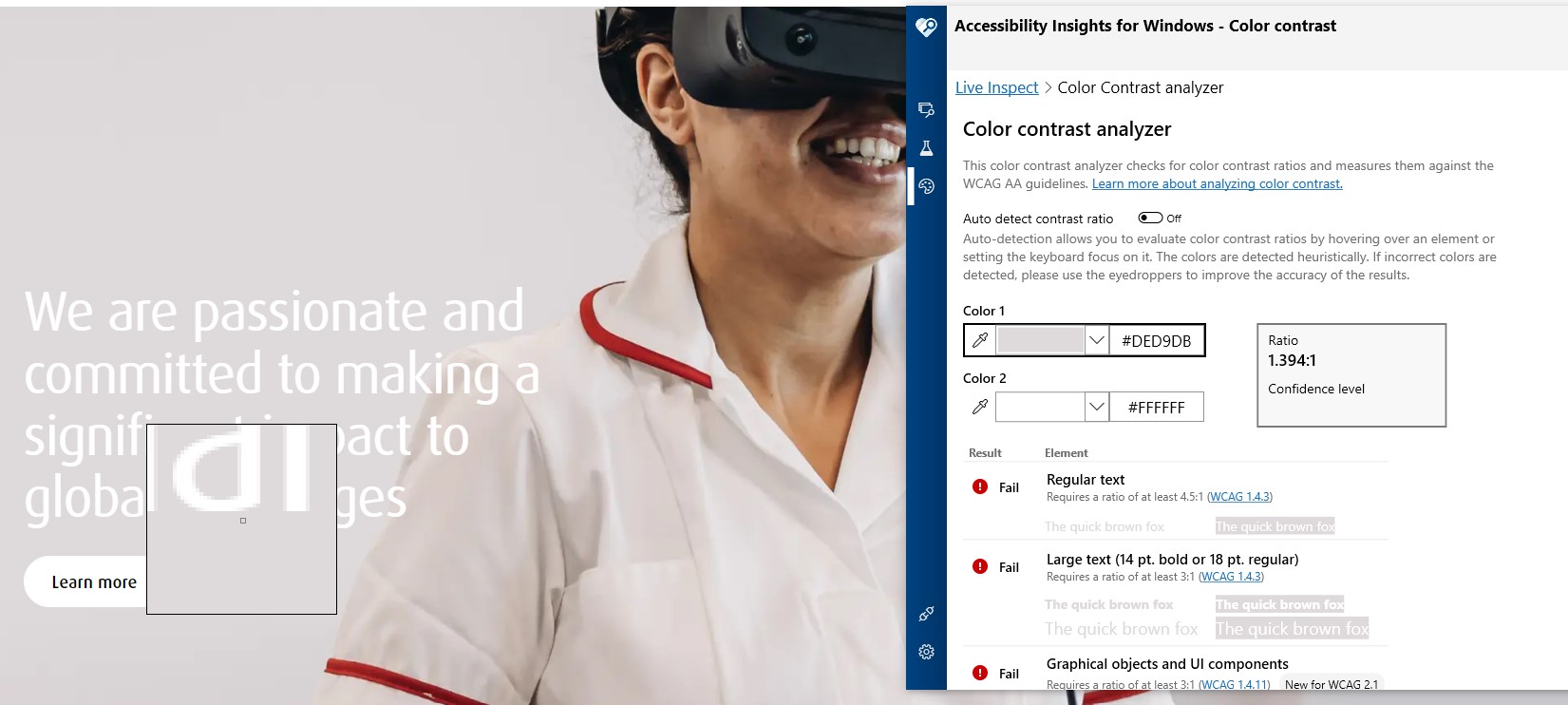 Screenshot showing testing the color contrast around the text of a Featured Panel
