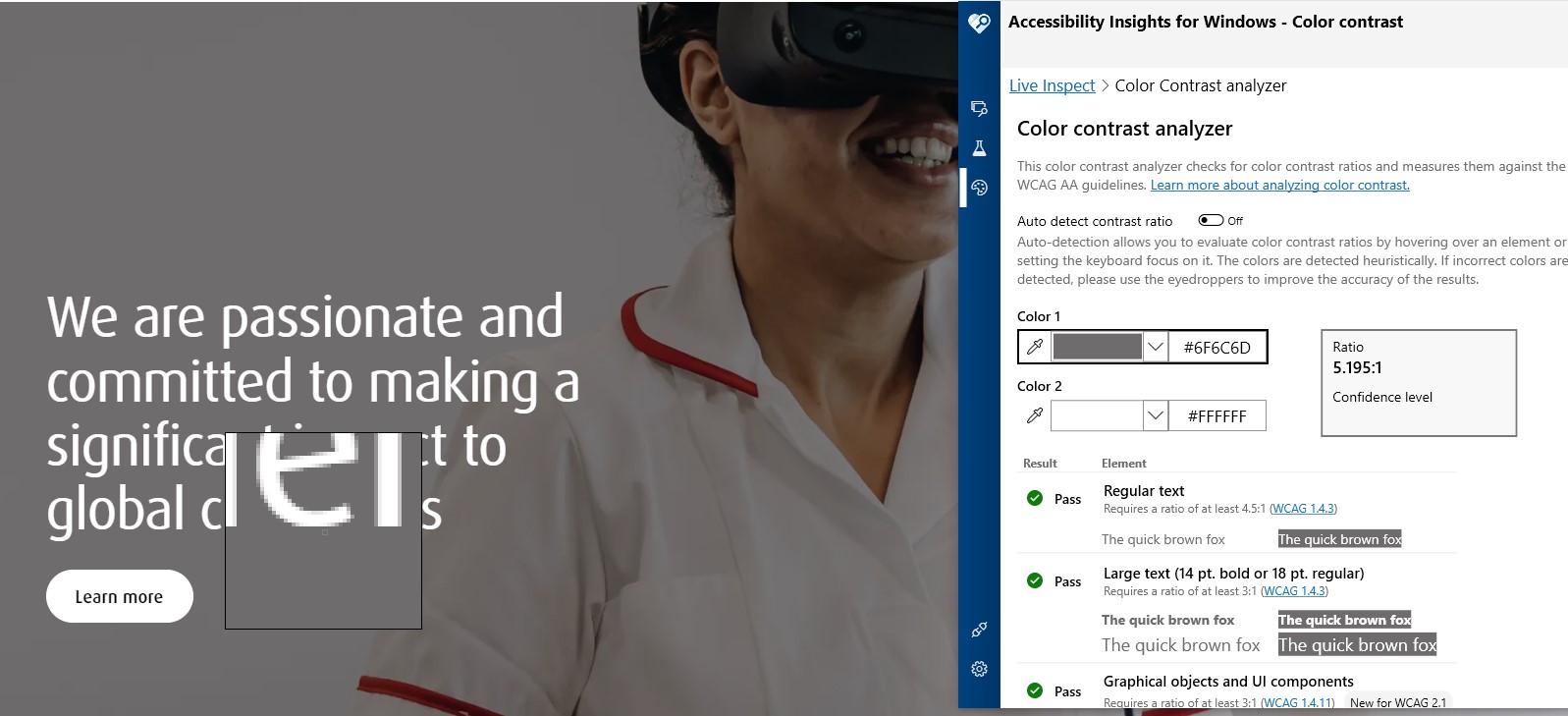 Screenshot showing testing the color contrast around the text of a Featured Panel with dark overlay applied