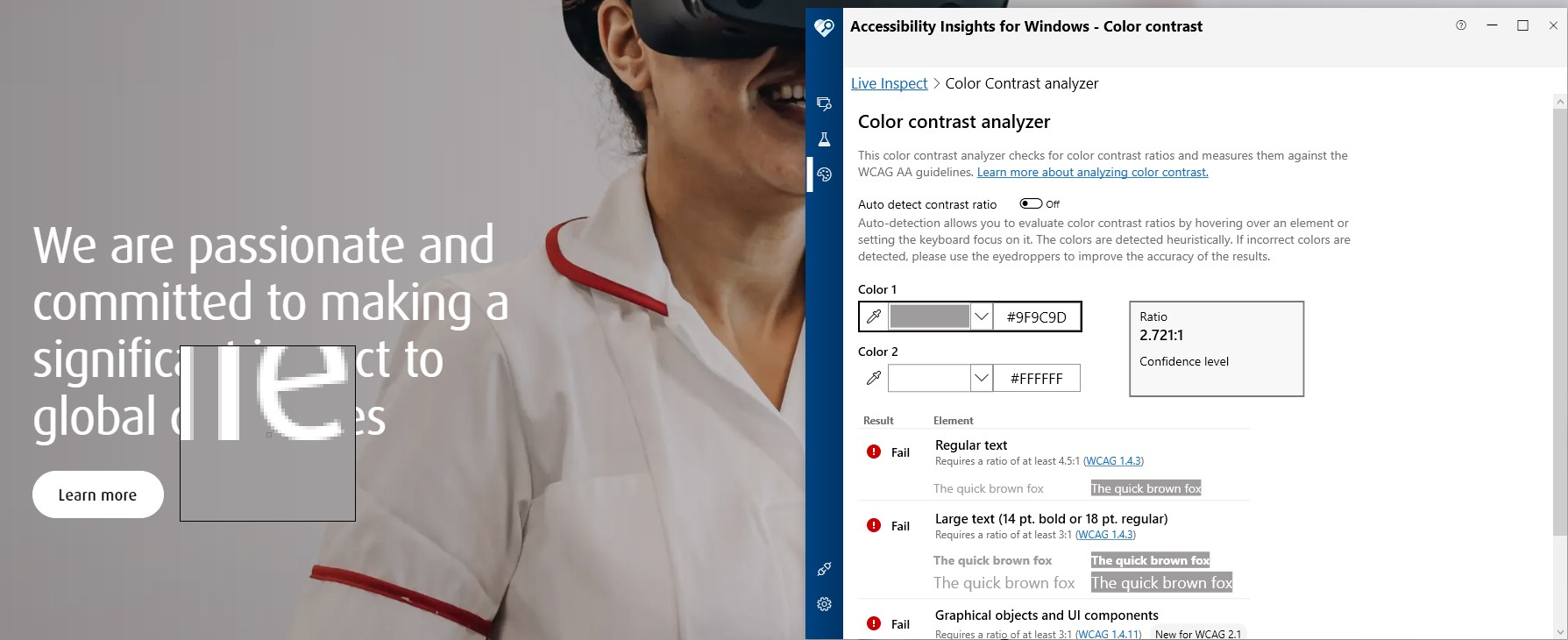 Screenshot showing testing the color contrast around the text of a Featured Panel with light overlay applied