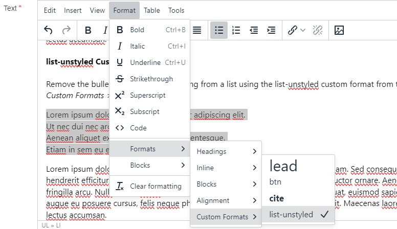 Screenshot showing how to add the list-unstyled custom format