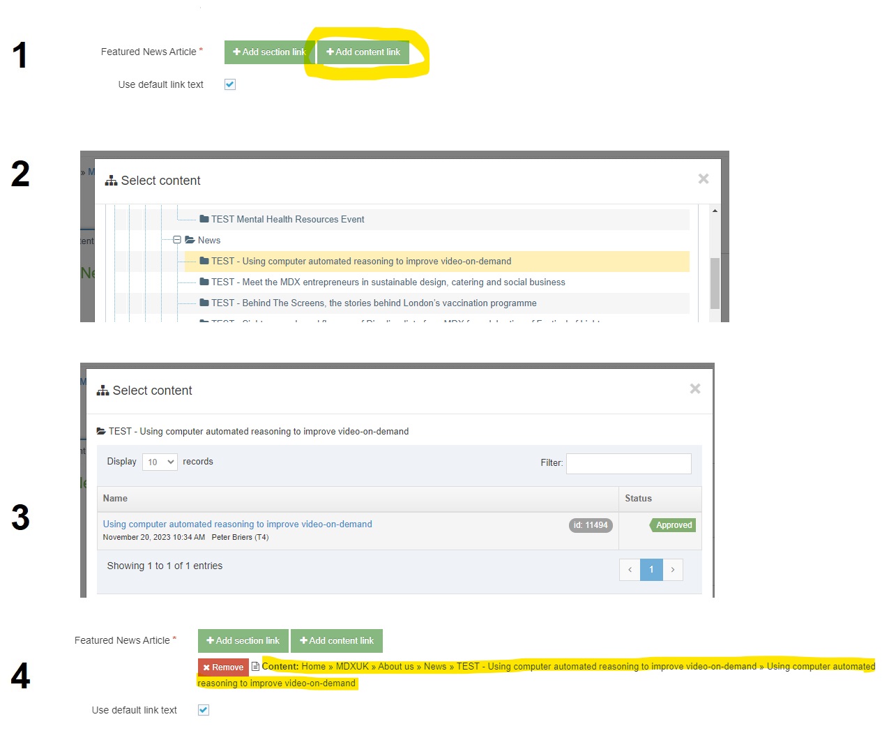 Screenshots showing how to select a News Article content item for the Featured News Article element