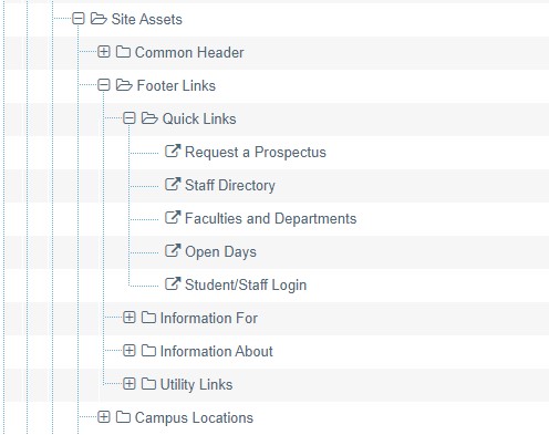 Screenshot showing the recommended site structure in Terminalfour for Footer Links