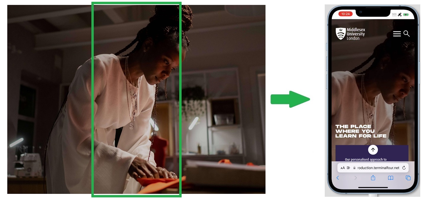 Screenshots showing example of how a mobile image is cropped from the original uploaded for the Secondary Masthead