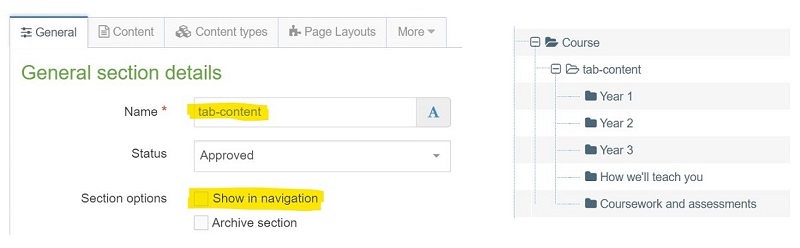 Screenshot showing recommended section set up and site structure for tab content