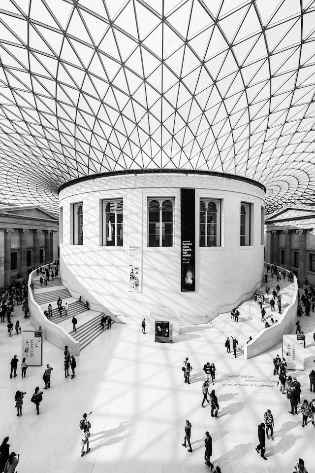 interior shot in black and white of the british museum