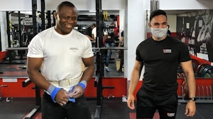 Cyrille Tchatchet training with Middlesex's head of weightlifting Shyam Chavda